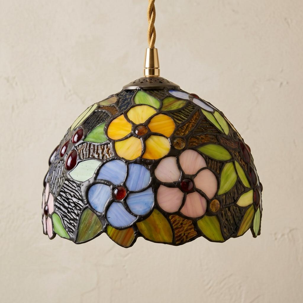 Stained Glass Pendant Light, Colorful Floral Butterfly Dome Hanging Lamp, Tiffany Style Botanical Ceiling Fixture, Cottagecore Lighting