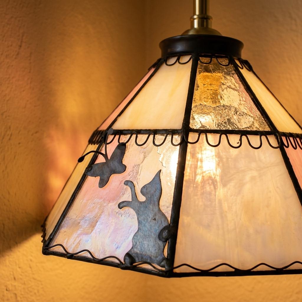 Handmade Cat Stained Glass Pendant Light, Butterfly Tiffany Style Hanging Lamp, Pastel Cottagecore Ceiling Light, Cat Lamp Shade
