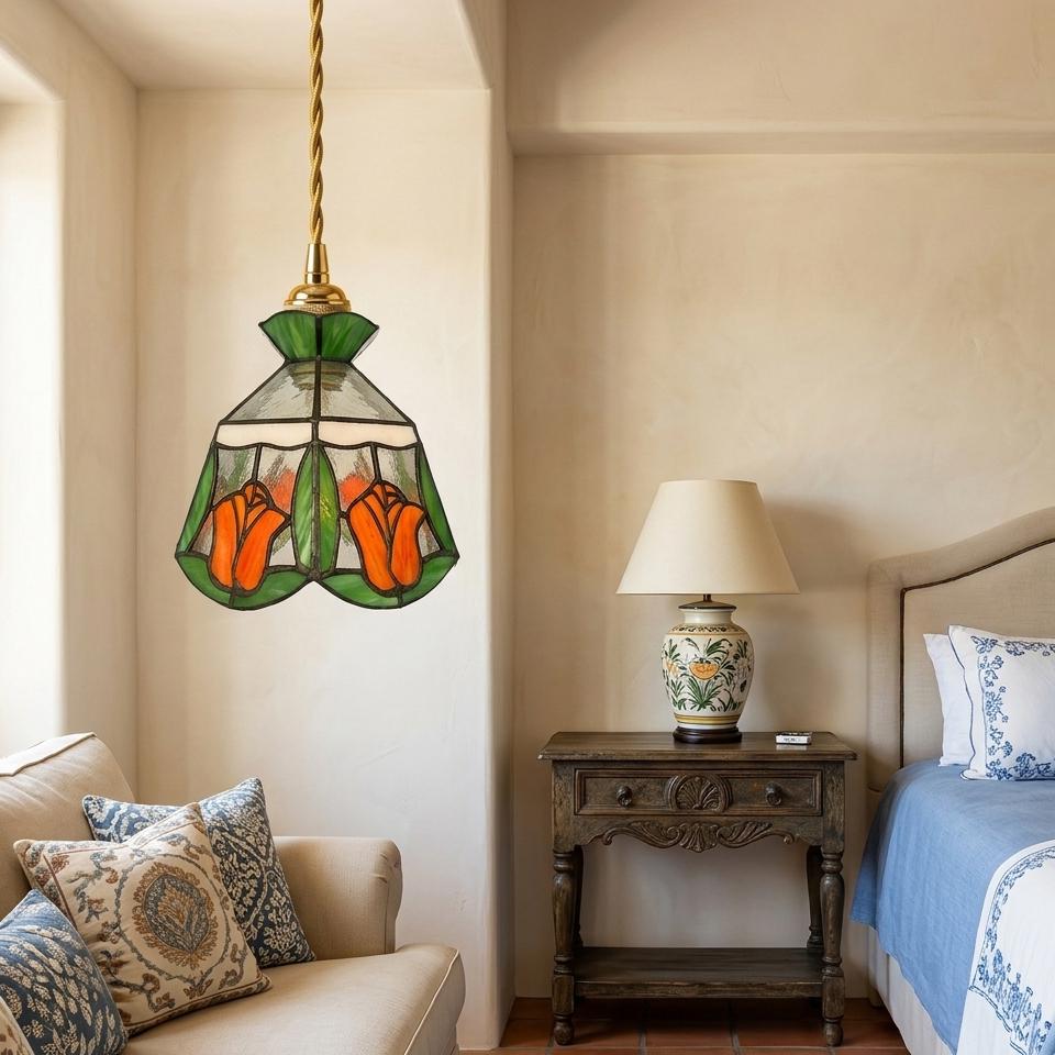 Handmade Stained Glass Tulip Pendant Light, Tiffany Style Floral Hanging Lamp, Orange Green Flower Ceiling Light, Kitchen Island Lamp