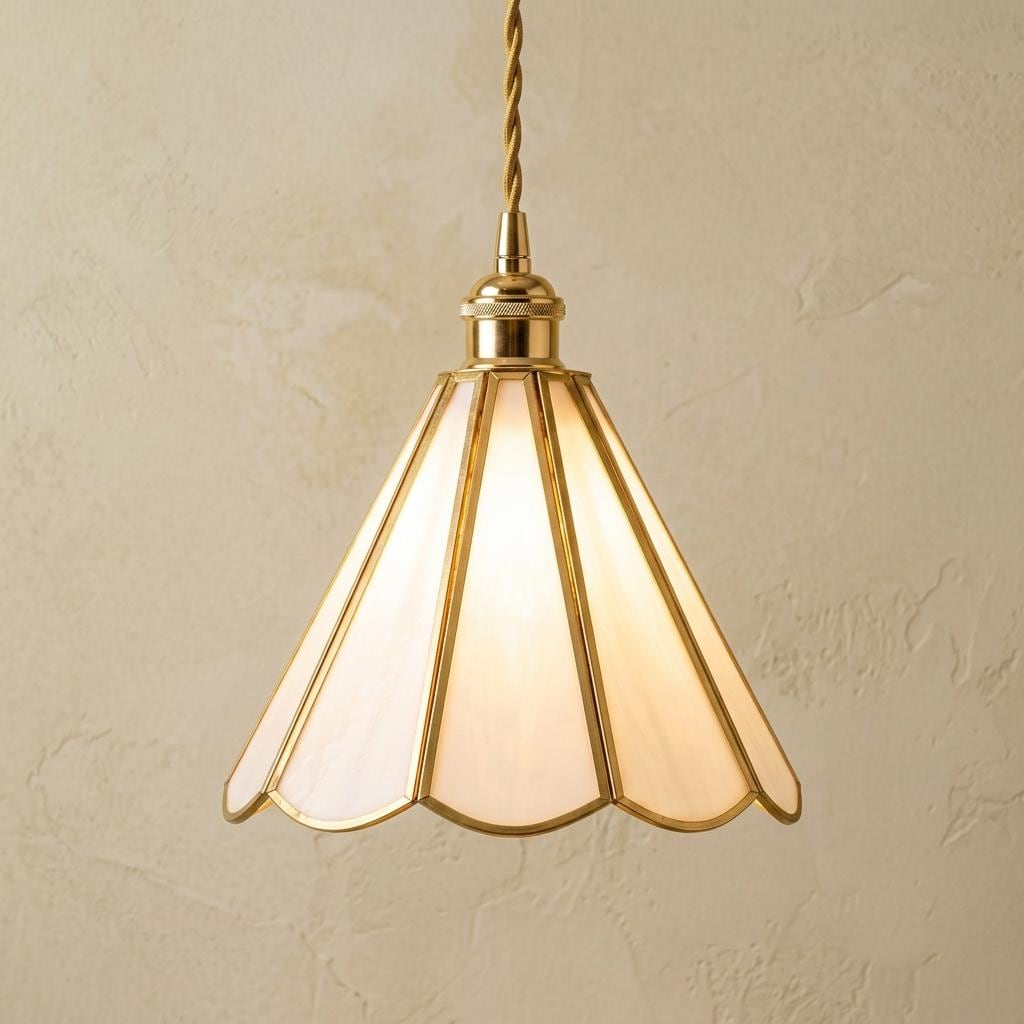 Stained Glass Pendant Light, Ivory White Scalloped Hanging Lamp, Tiffany Style Gold Ceiling Fixture, Cottagecore Kitchen Lighting