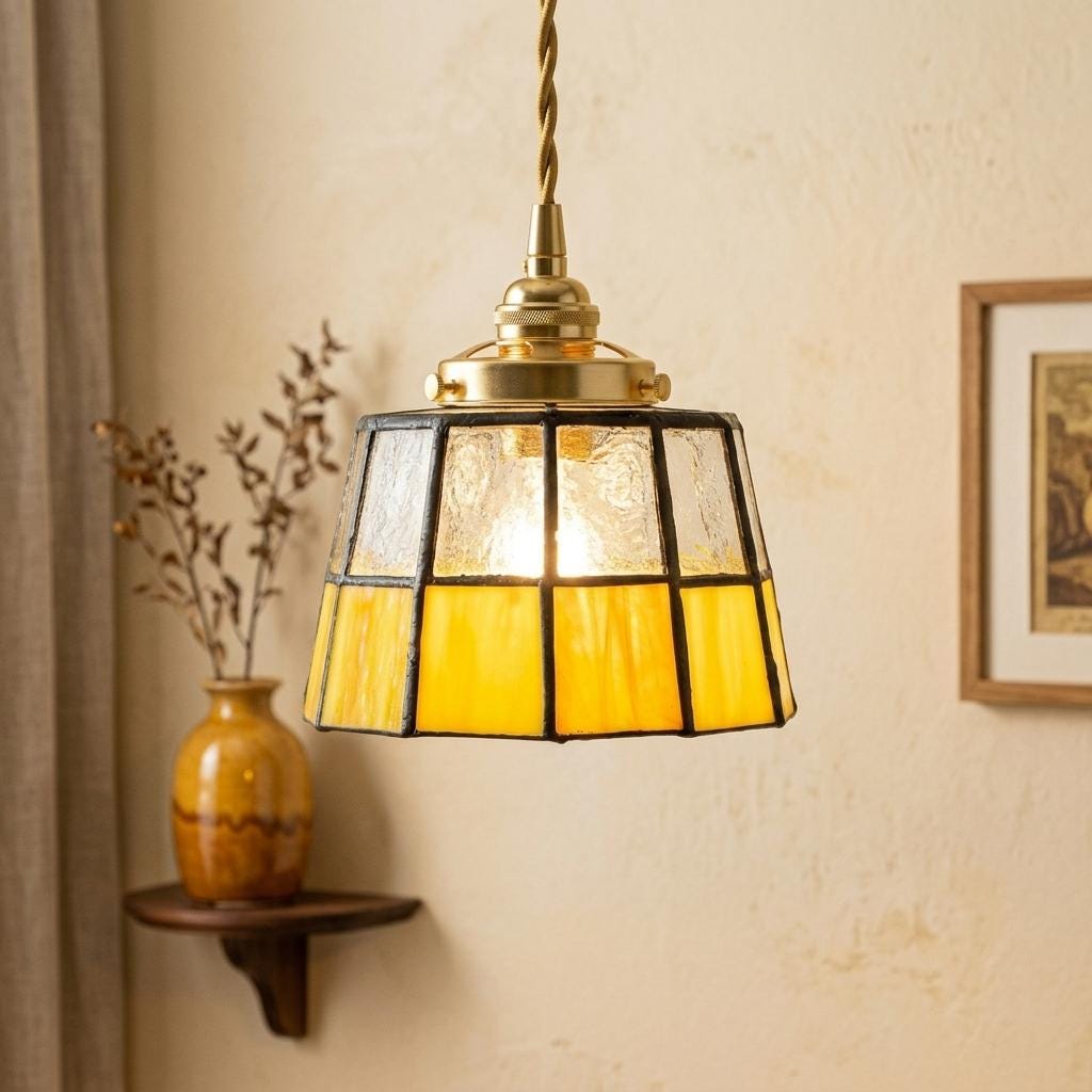 Stained Glass Pendant Light, Amber Yellow and Clear Mini Hanging Lamp, Tiffany Style Geometric Glass Ceiling Light