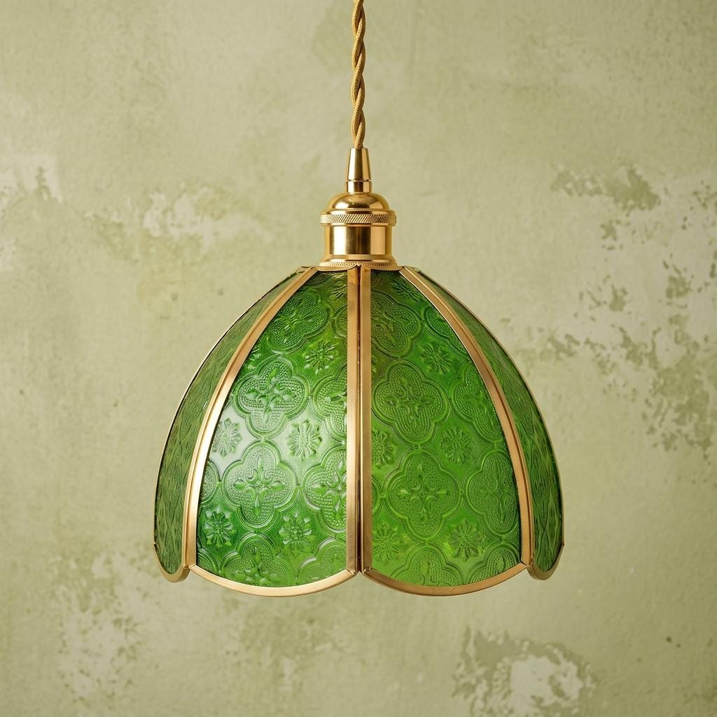 Green Textured Glass Pendant Light, Floral Dome Hanging Lamp, Brass Tone Fixture