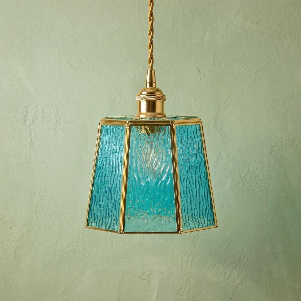 Aqua Blue Textured Glass Pendant Light, Geometric Coastal Entryway Fixture