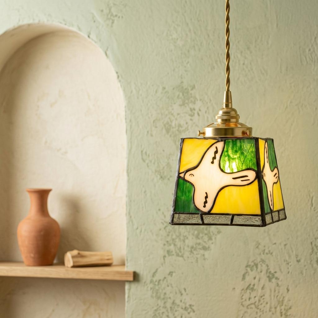 White Dove Stained Glass Pendant Light, Green Yellow Tiffany Style Hanging Lamp, Peace Bird Ceiling Light, Whimsical Home Decor