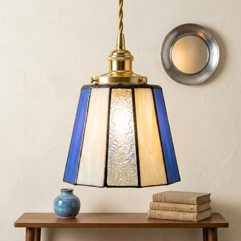 Handmade Blue Cream Stained Glass Pendant Light, Tapered Vintage Hanging Lamp