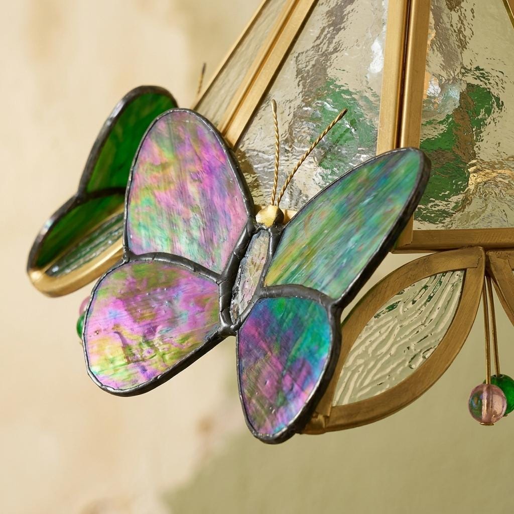 Handmade Butterfly Stained Glass Pendant Light, Green Botanical Art Nouveau Lampshade