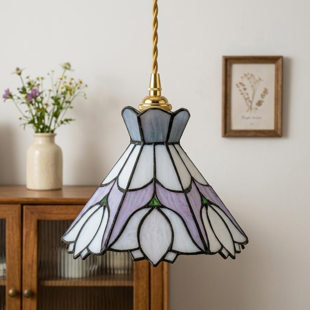 Stained Glass Lampshade, Pastel Blue Lavender Floral Tiffany Style Shade, Small Replacement Table Lamp Shade, 7.1 Inch Wide