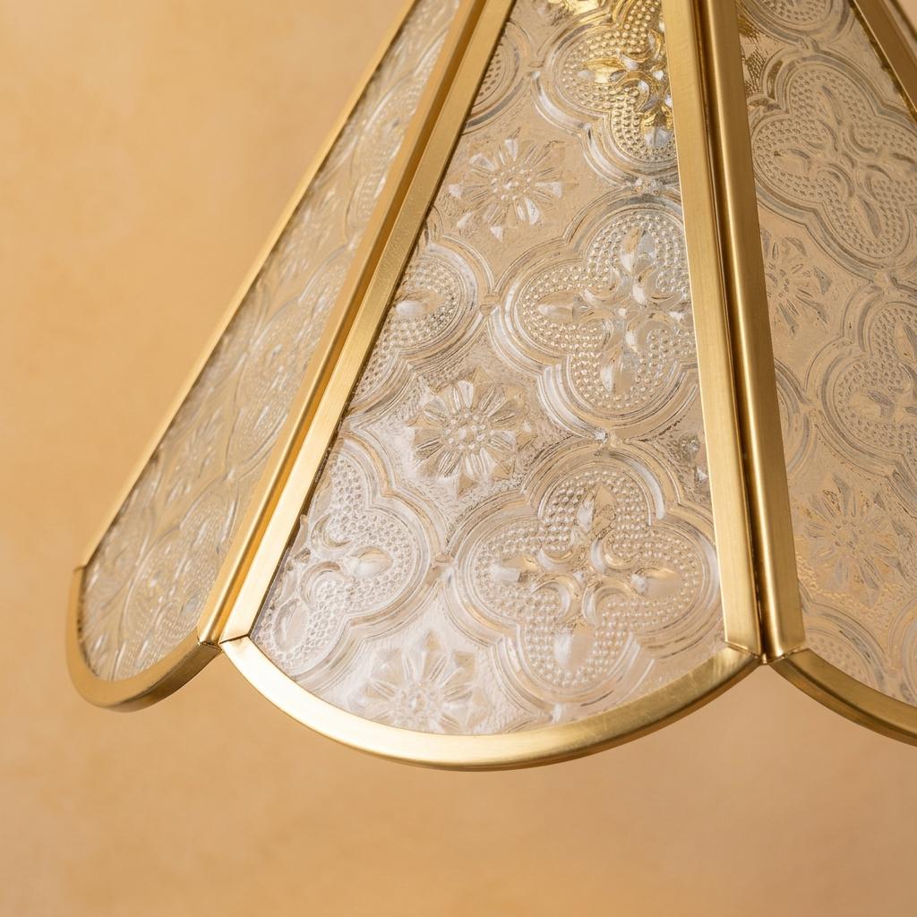 Clear Patterned Glass Pendant Light, Gold Scalloped Hanging Lamp, Vintage Style Fixture