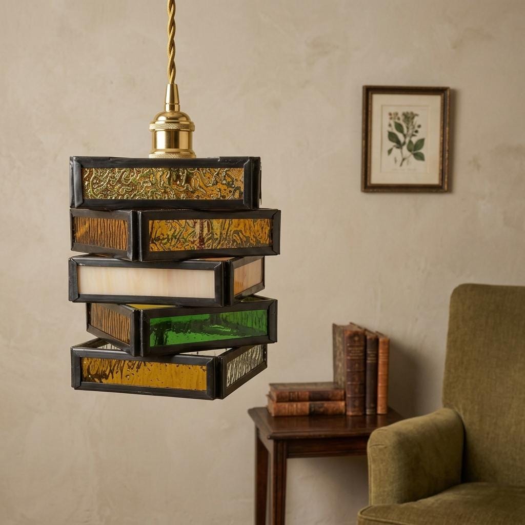 Stained Glass Pendant Light, Layered Geometric Hanging Lamp, Colorful Art Deco Boho Lighting