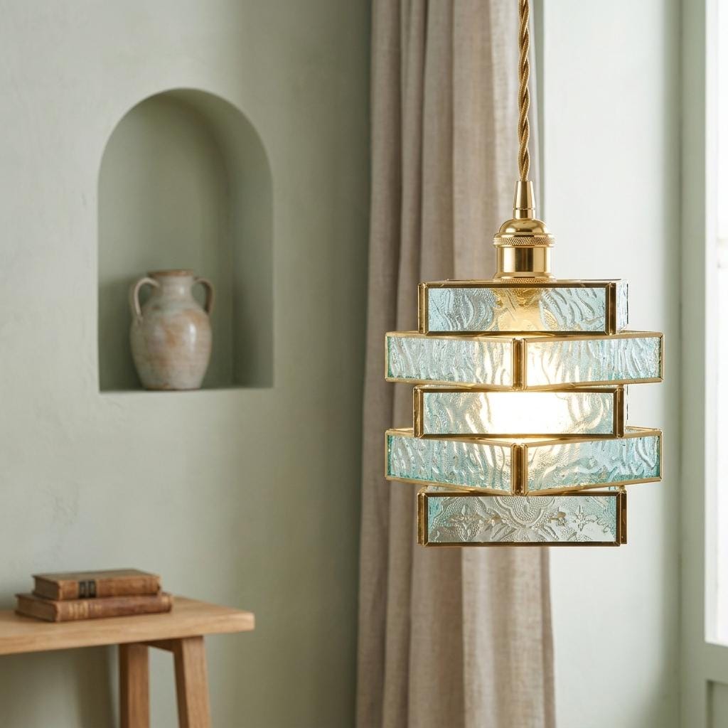 Aqua Blue Glass Stained Pendant Light, Stacked Geometric Brass Hanging Lamp