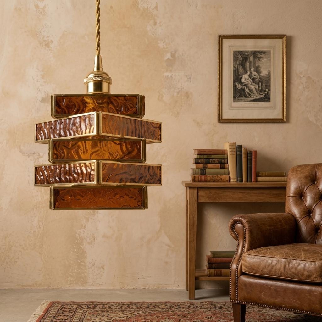Amber Geometric Stained Glass Pendant Light, Vintage Gold Frame Hanging Lamp Fixture