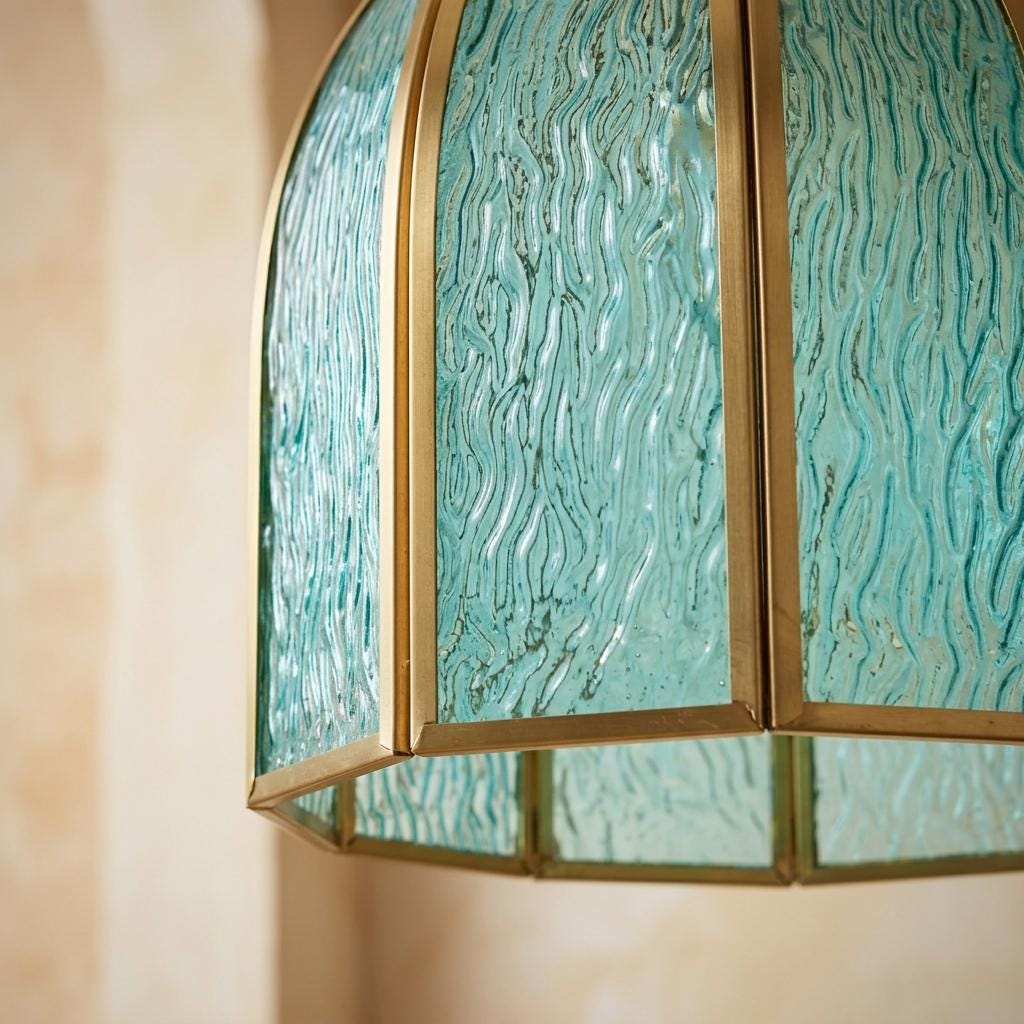 Aqua Blue Stained Glass Pendant Light, Vintage Brass Frame Hanging Lamp