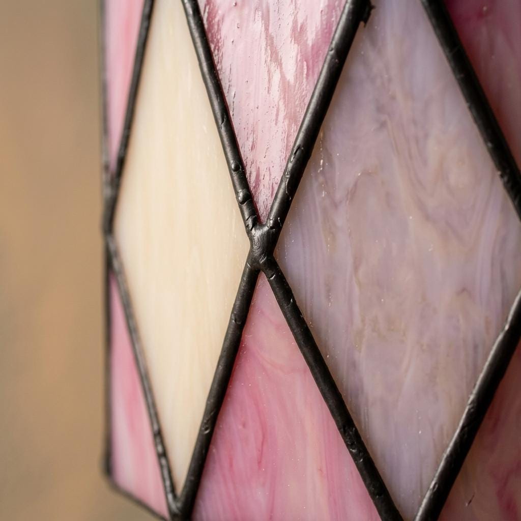 Small Pink Stained Glass Pendant Light, Peach Cream Geometric Hanging Lamp, Tiffany Style Ceiling Light, Boho Vintage Decor