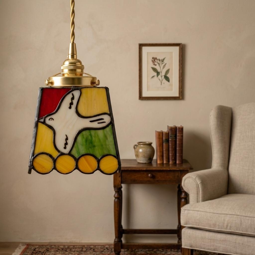 Stained Glass Pendant Light, Colorful White Dove Hanging Lamp, Small Tiffany Style Bird Ceiling Light, Boho Accent Lighting