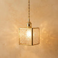 Small Square Embossed Glass Pendant Light, Vintage Brass Hanging Lamp, Boho Artisan Fixture