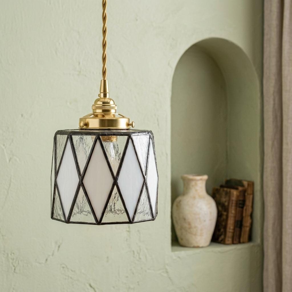 Black White Stained Glass Pendant Light, Geometric Diamond Hanging Lamp, Art Deco Ceiling Light