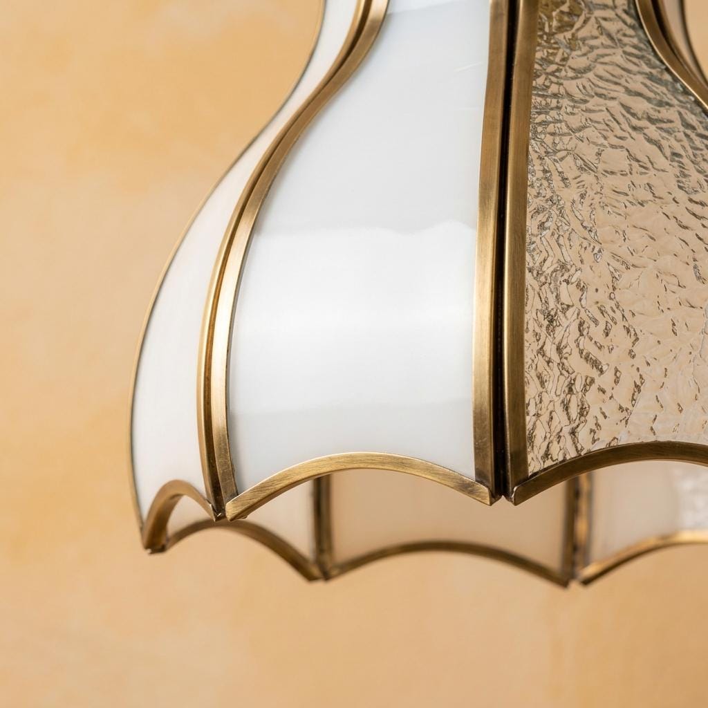 White Textured Glass Tulip Pendant Light, Vintage Brass Tone Ceiling Fixture