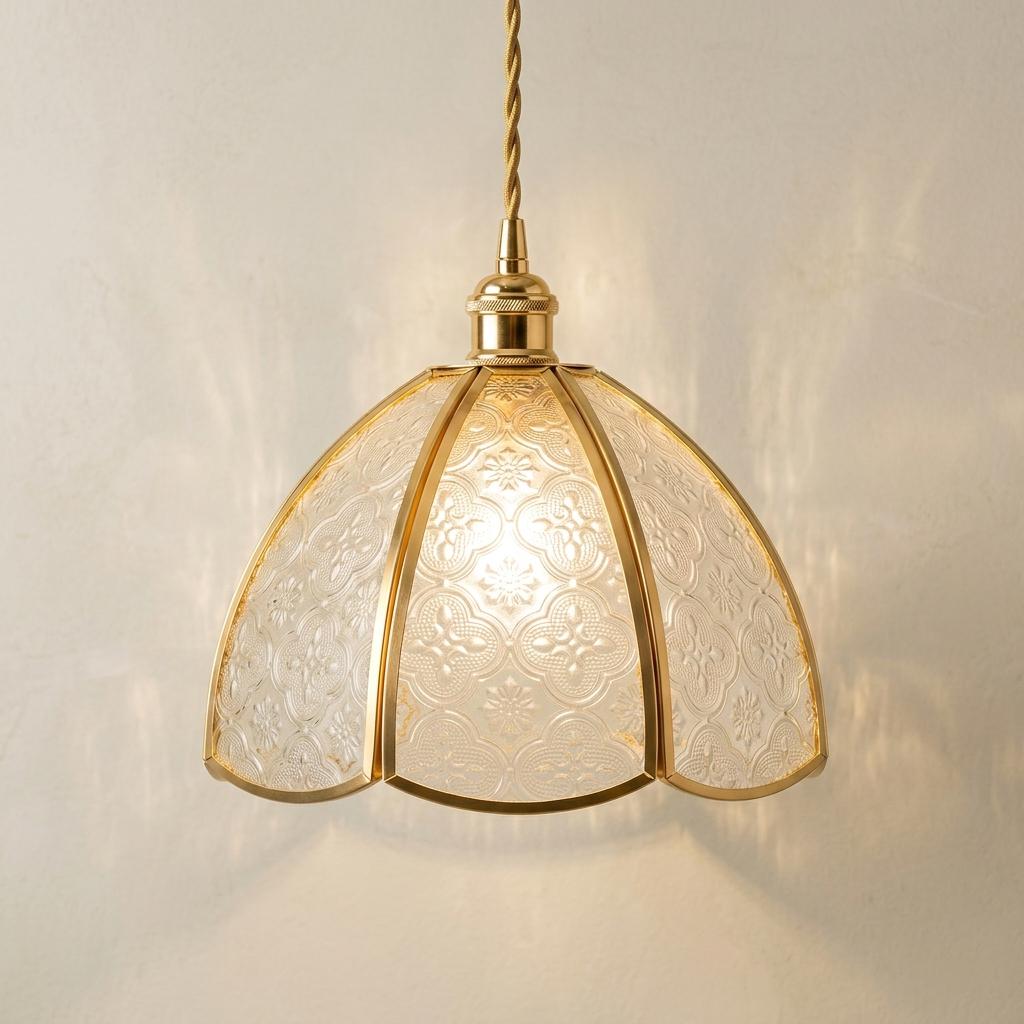 Textured Glass Pendant Light, Gold Floral Dome, Vintage Cottagecore Ceiling Fixture