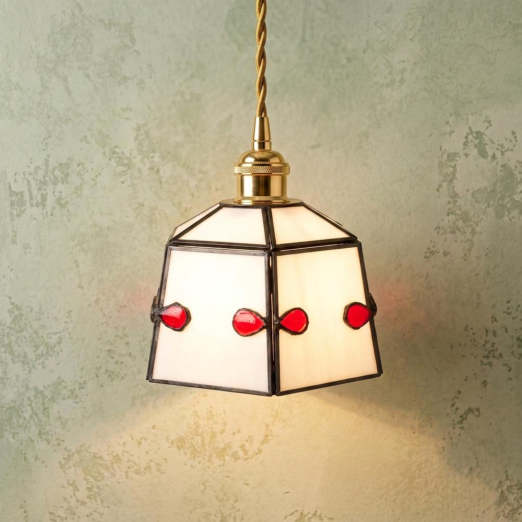 Small Stained Glass Pendant Light, White Red Accent Hanging Lamp