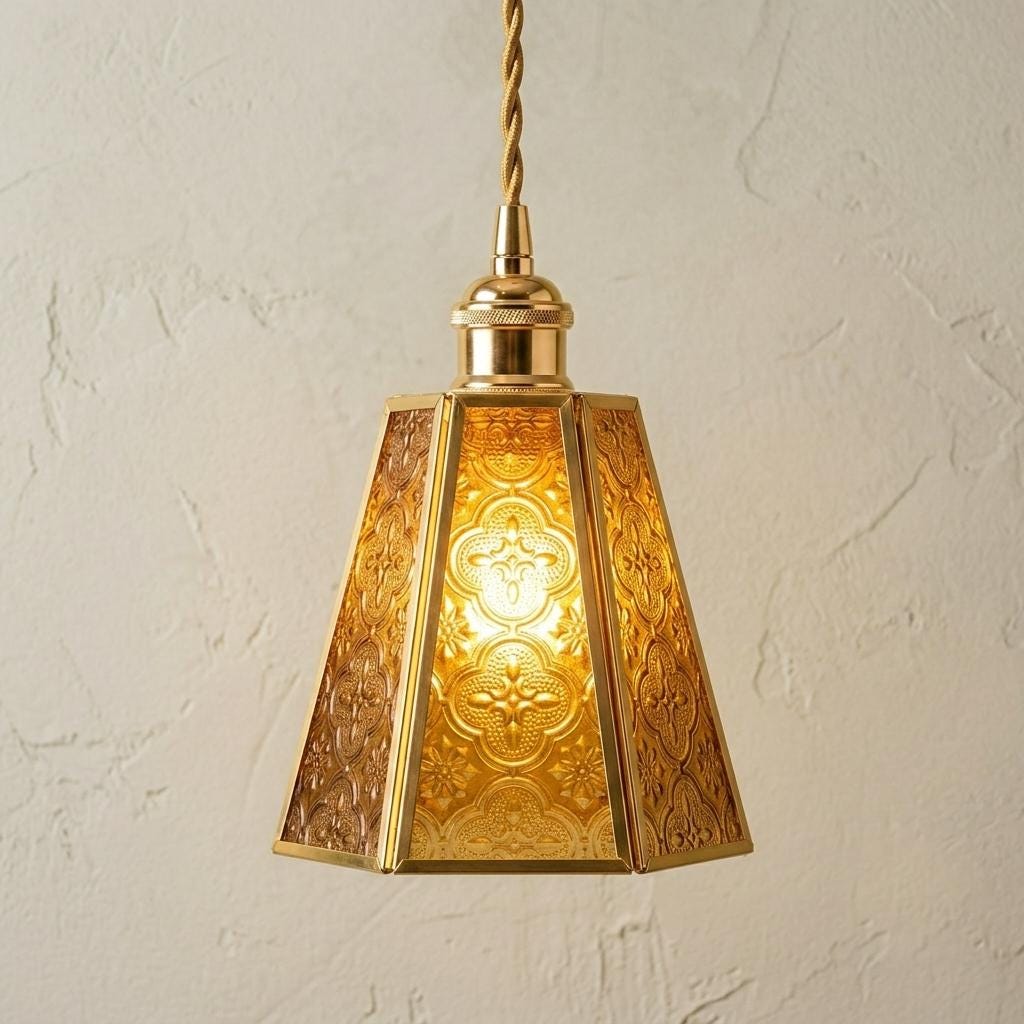 Amber Glass Pendant Light, Ornate Gold Floral Pattern Hanging Lamp