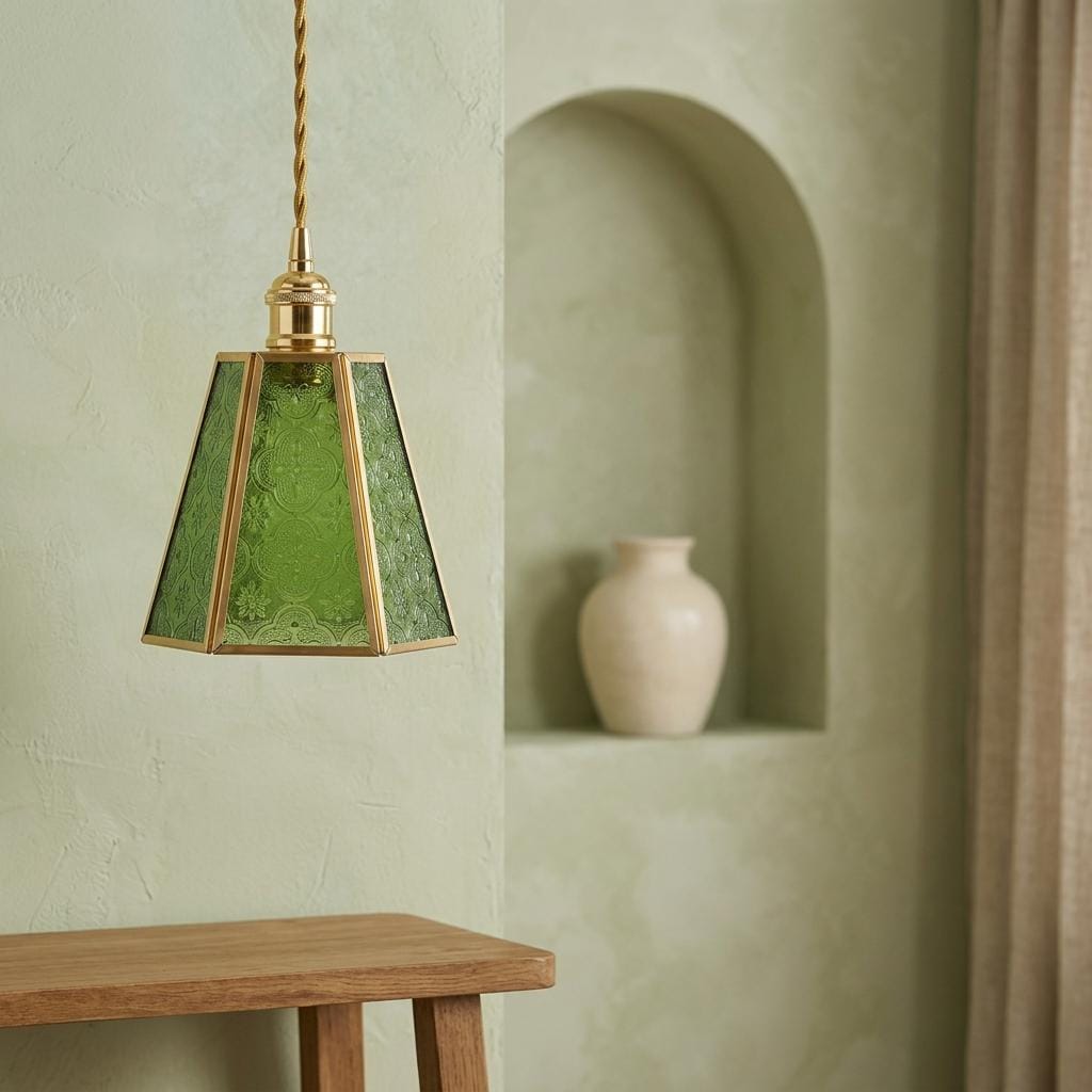 Handmade Green Embossed Glass Lamp Shade, Vintage Brass Art Nouveau Accent Light