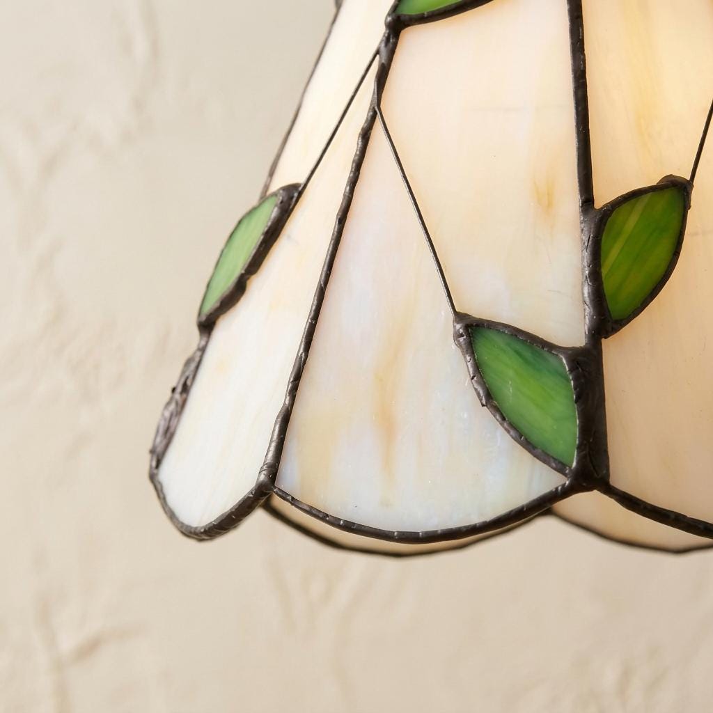 Stained Glass Pendant Light, Green Leaf Vine Hanging Lamp, Cream Scalloped Tiffany Style Ceiling Light, Cottagecore Botanical Decor