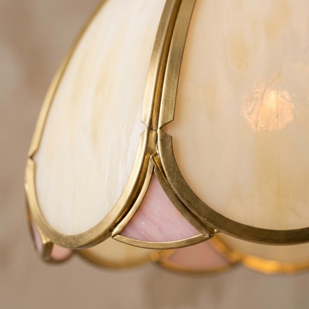 Cream Scalloped Stained Glass Pendant Light, Vintage Cottagecore Ceiling Fixture