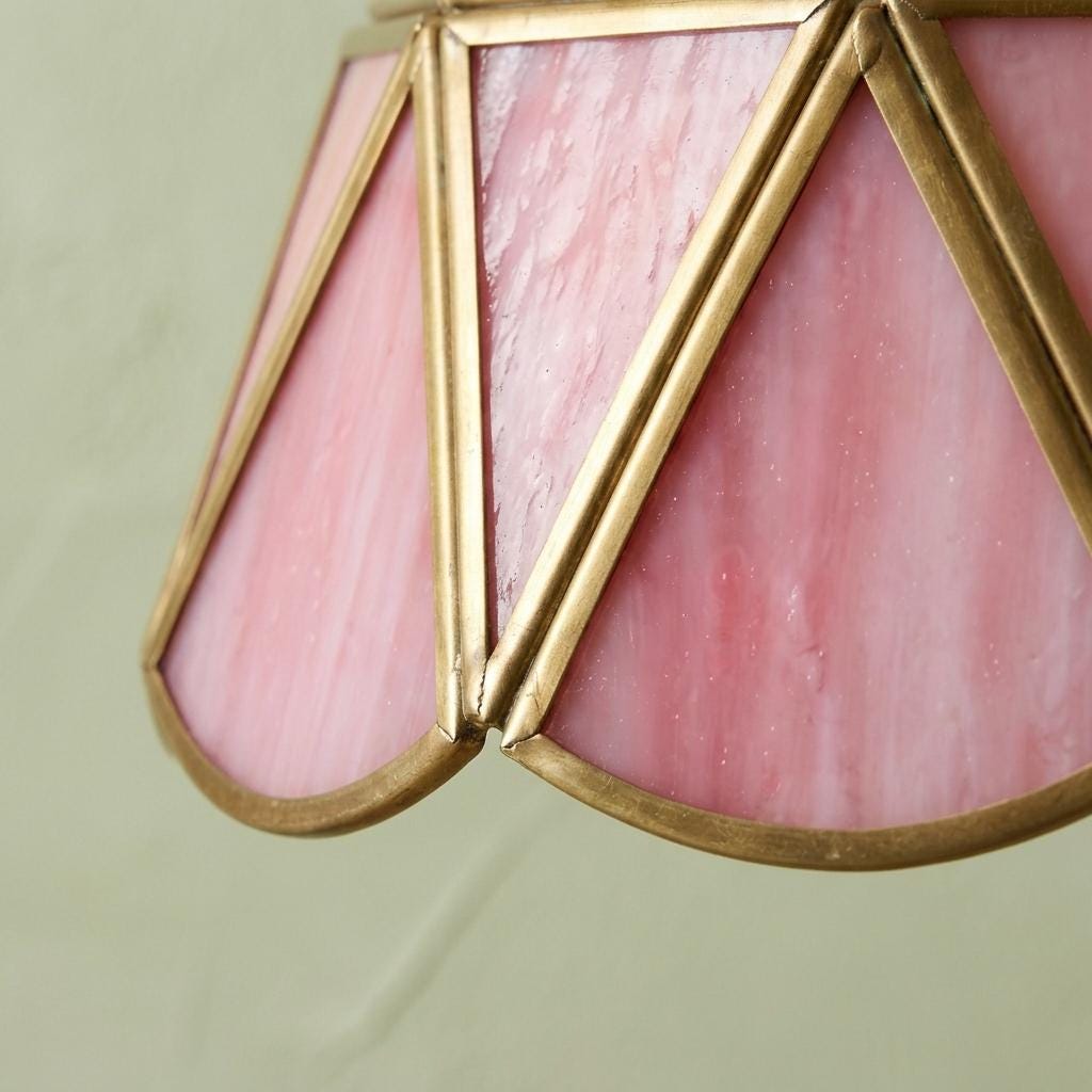 Pink Stained Glass Pendant Light, Scalloped Petal Hanging Lamp, Small Tiffany Style Ceiling Light, Cottagecore Bedroom Decor