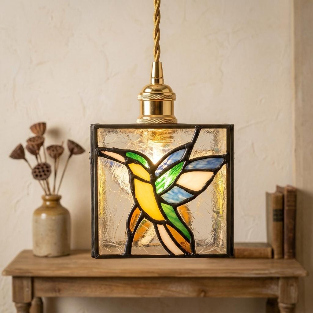 Hummingbird Stained Glass Pendant Light, Colorful Square Hanging Lamp, Tiffany Style Bird Ceiling Light, Boho Accent Lighting
