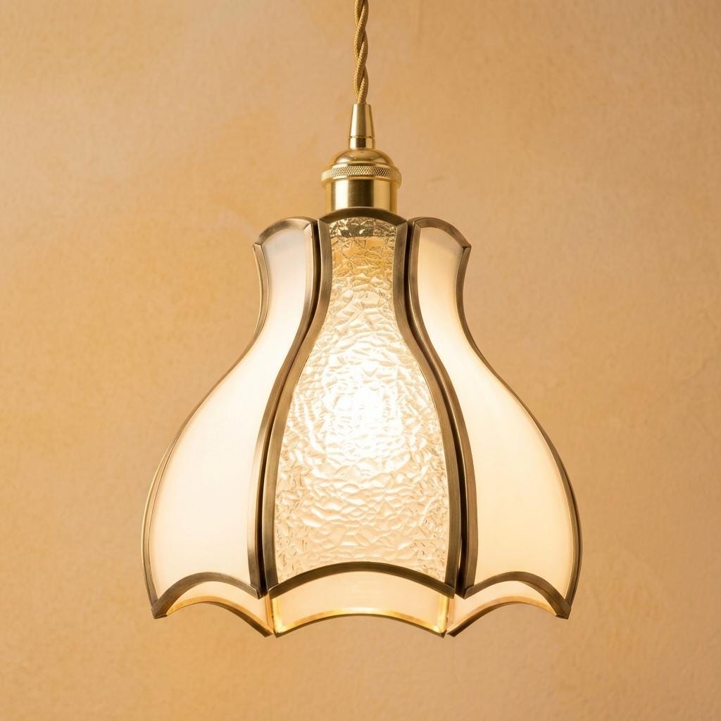 White Textured Glass Tulip Pendant Light, Vintage Brass Tone Ceiling Fixture