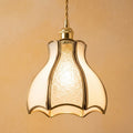 White Textured Glass Tulip Pendant Light, Vintage Brass Tone Ceiling Fixture