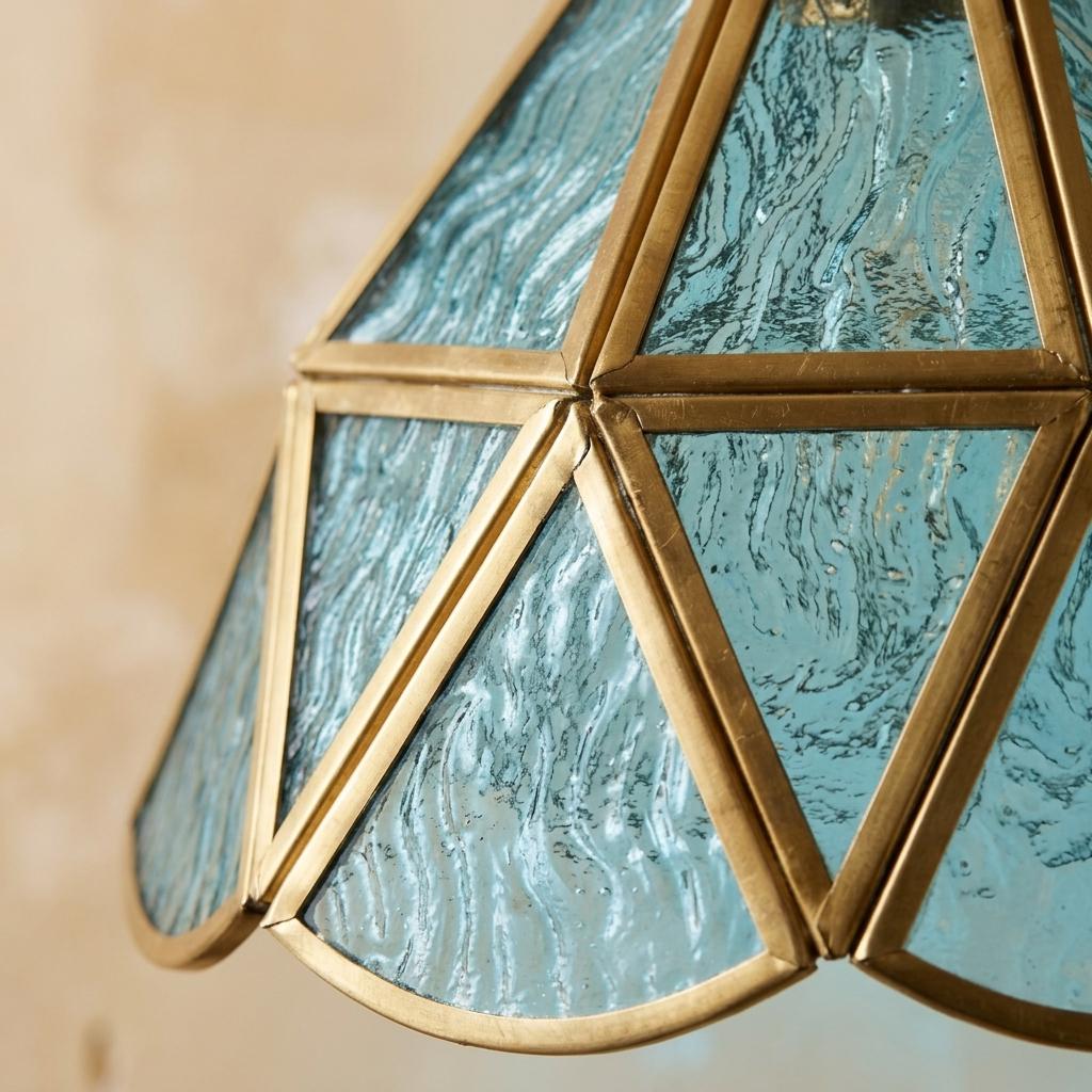Aqua Blue Stained Glass Pendant Light, Geometric Hanging Lamp, Vintage Style Ceiling Fixture