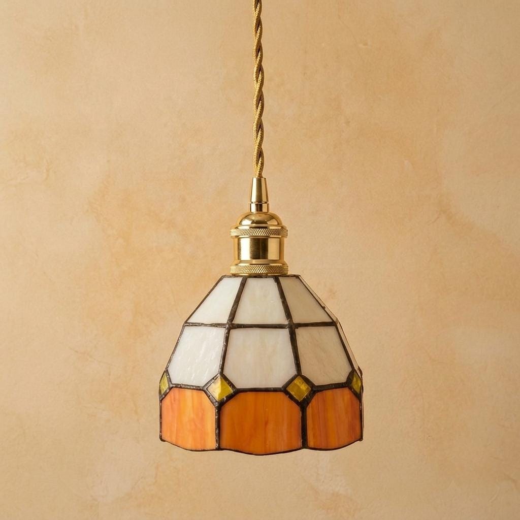 Stained Glass Pendant Light, Amber Orange and Cream Geometric Hanging Lamp, Tiffany Style Ceiling Light, Vintage Kitchen Decor