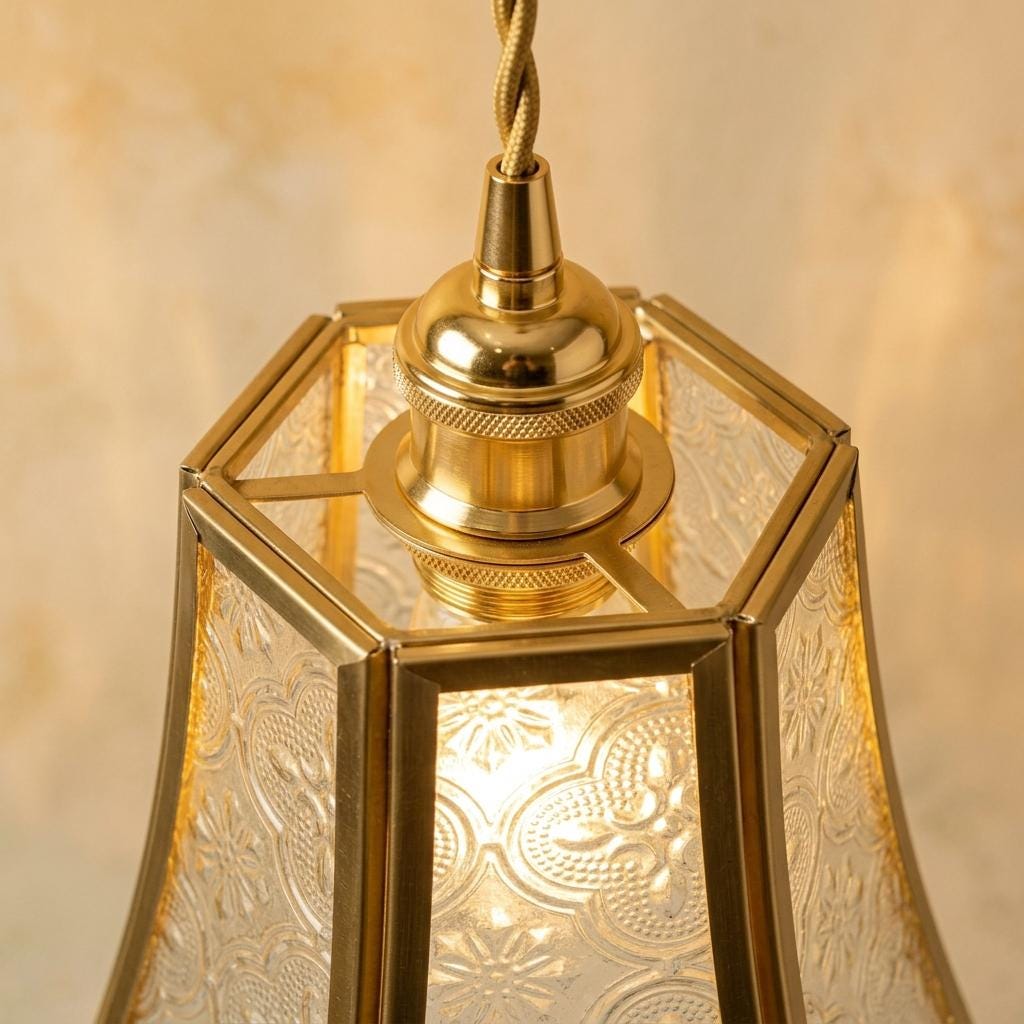 Clear Embossed Glass Pendant Light, Vintage Brass Floral Hanging Lamp