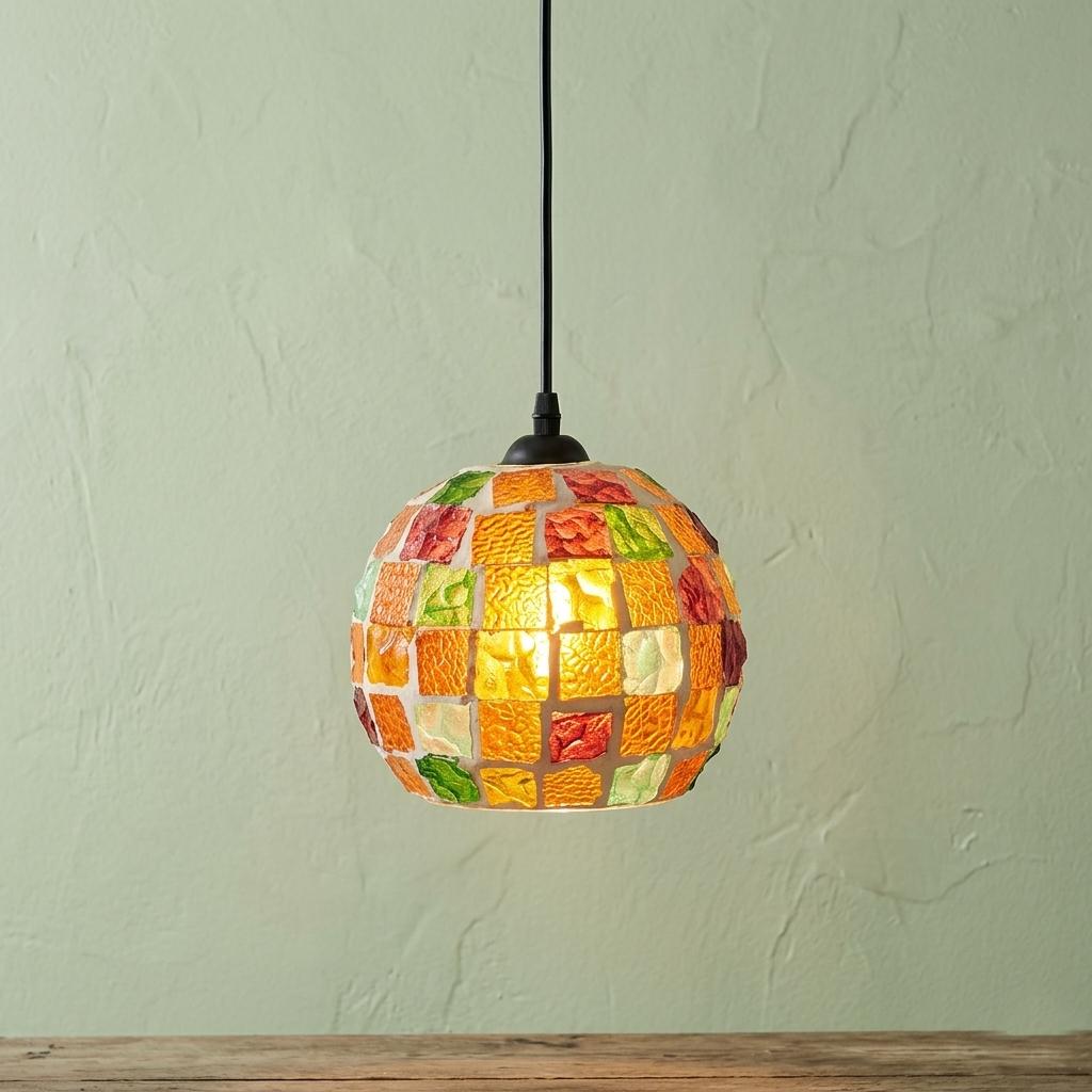 Handcrafted Mosaic Glass Pendant Light , Bohemian Art Glass Lamp, Eclectic Decor