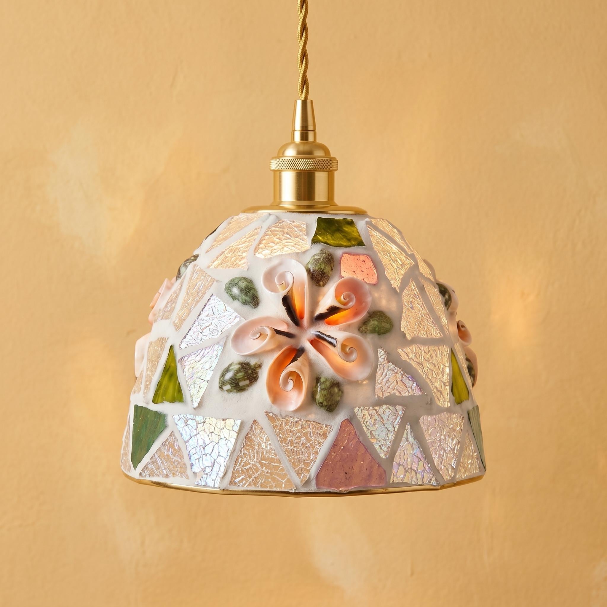 Handmade Coastal Mosaic Glass Pendant Light , Seashell Flower Art Lamp, Beach House Decor