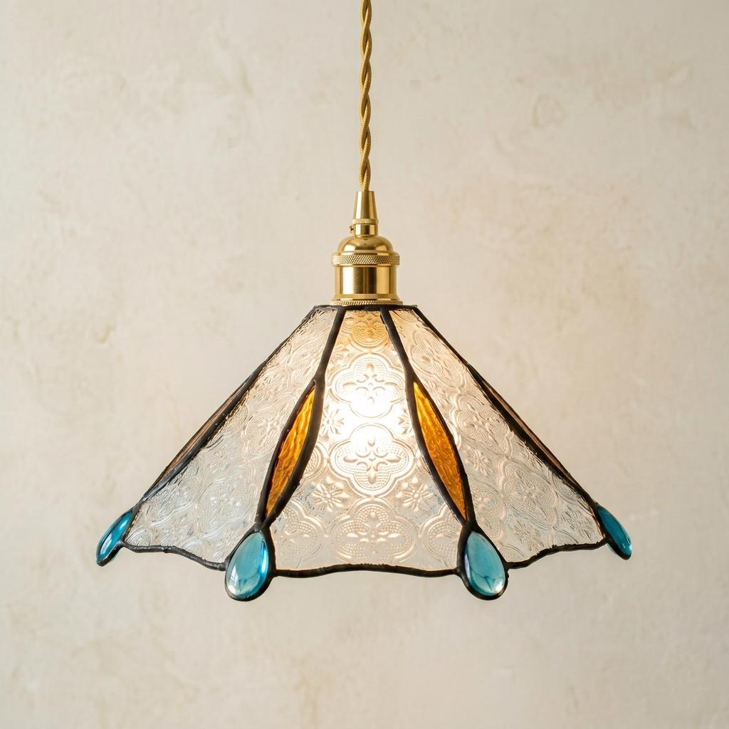 Stained Glass Pendant Light Shade, White Embossed Glass Hanging Lamp, Turquoise Teardrop Tiffany Style Small Ceiling Light