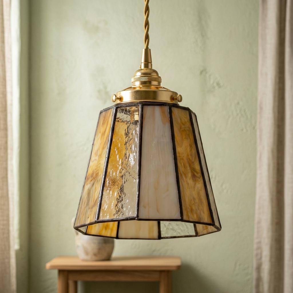 Amber Ivory Stained Glass Pendant Light, Small Tiffany Style Hanging Lamp, Warm Vintage Boho Ceiling Light