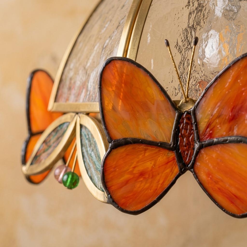 Orange Butterfly Stained Glass Pendant Light, Handmade Tiffany Style Lampshade, Cottagecore Ceiling Lamp, Floral Glass Shade