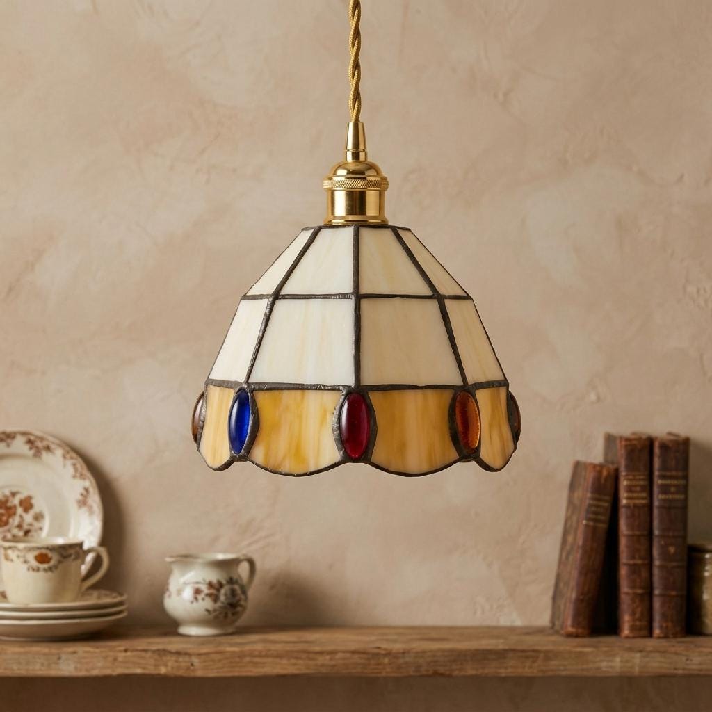 Stained Glass Pendant Light, Cream and Amber Scalloped Mini Hanging Lamp, Tiffany Style Jewel Accent Ceiling Light