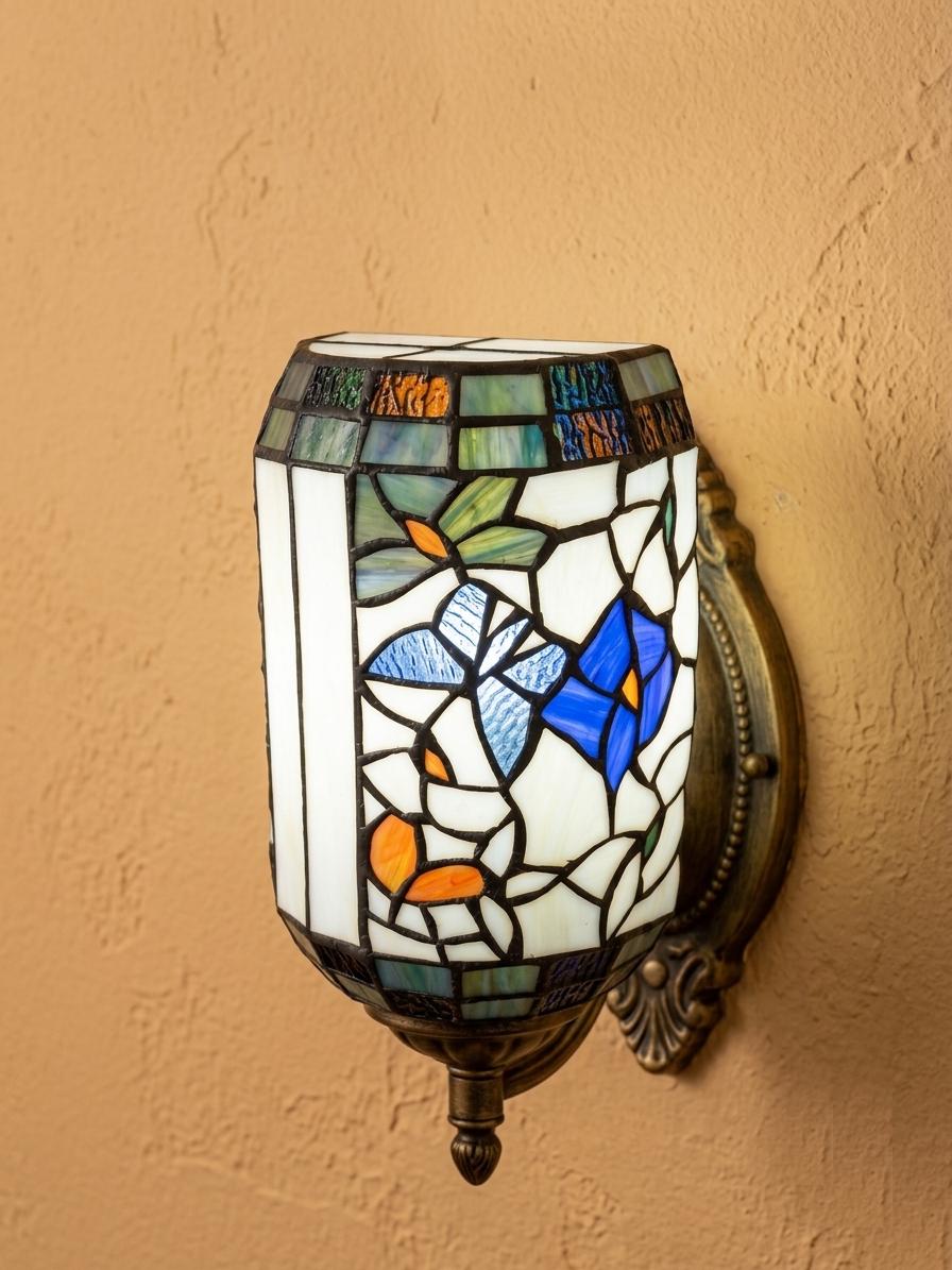 Stained Glass Wall Sconce Shade, Tiffany Style Wall Lamp Shade, Cream Floral Glass Shade, Vintage Art Nouveau Wall Light Cover