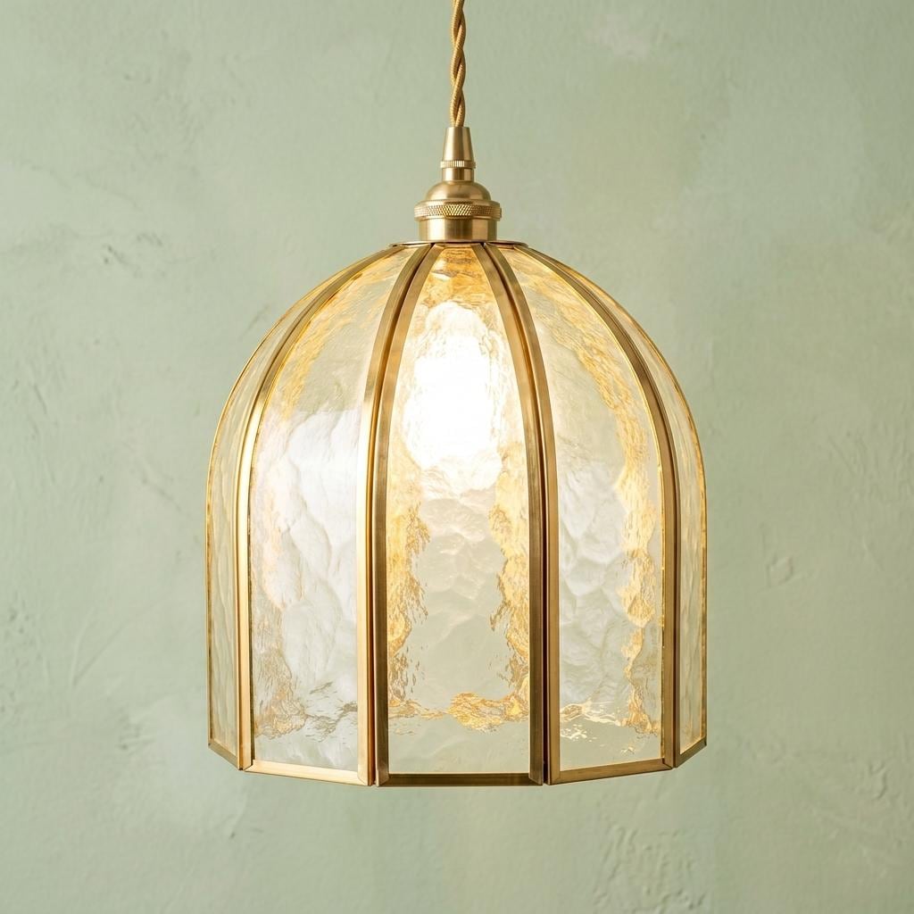 Handmade Dome Stained Glass Pendant Light, Art Deco Brass Kitchen Island Decor