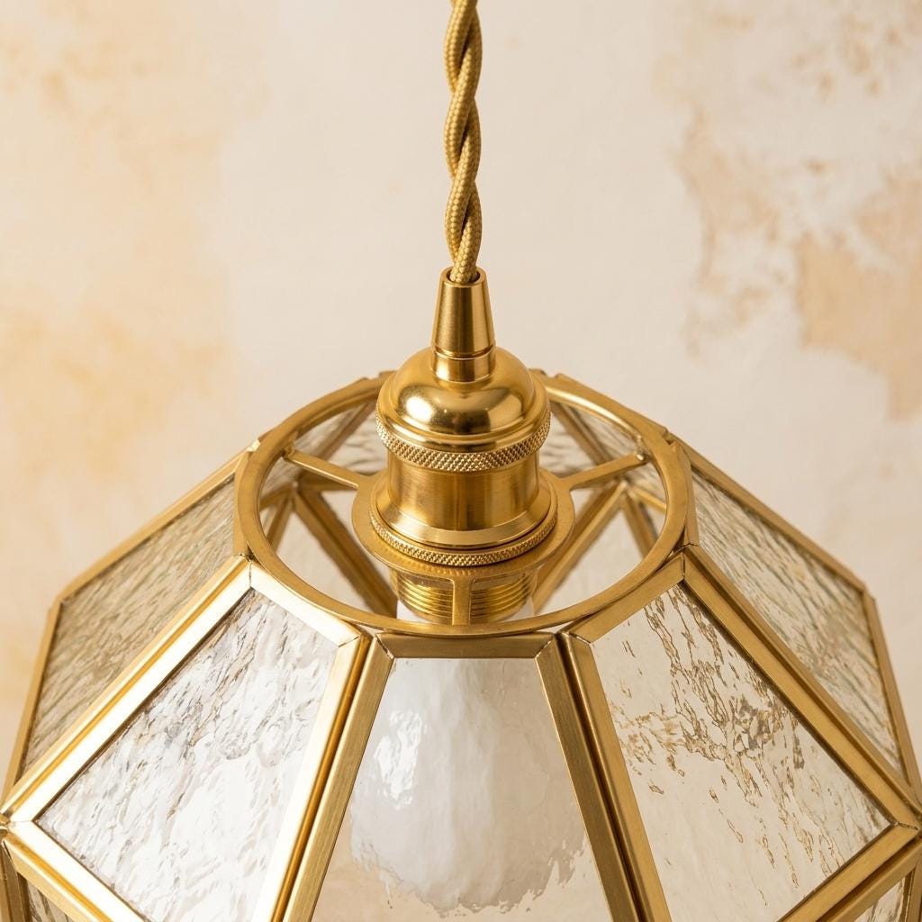 Textured Glass Pendant Light, Geometric Copper Tone Hanging Lamp, Scalloped Vintage Style