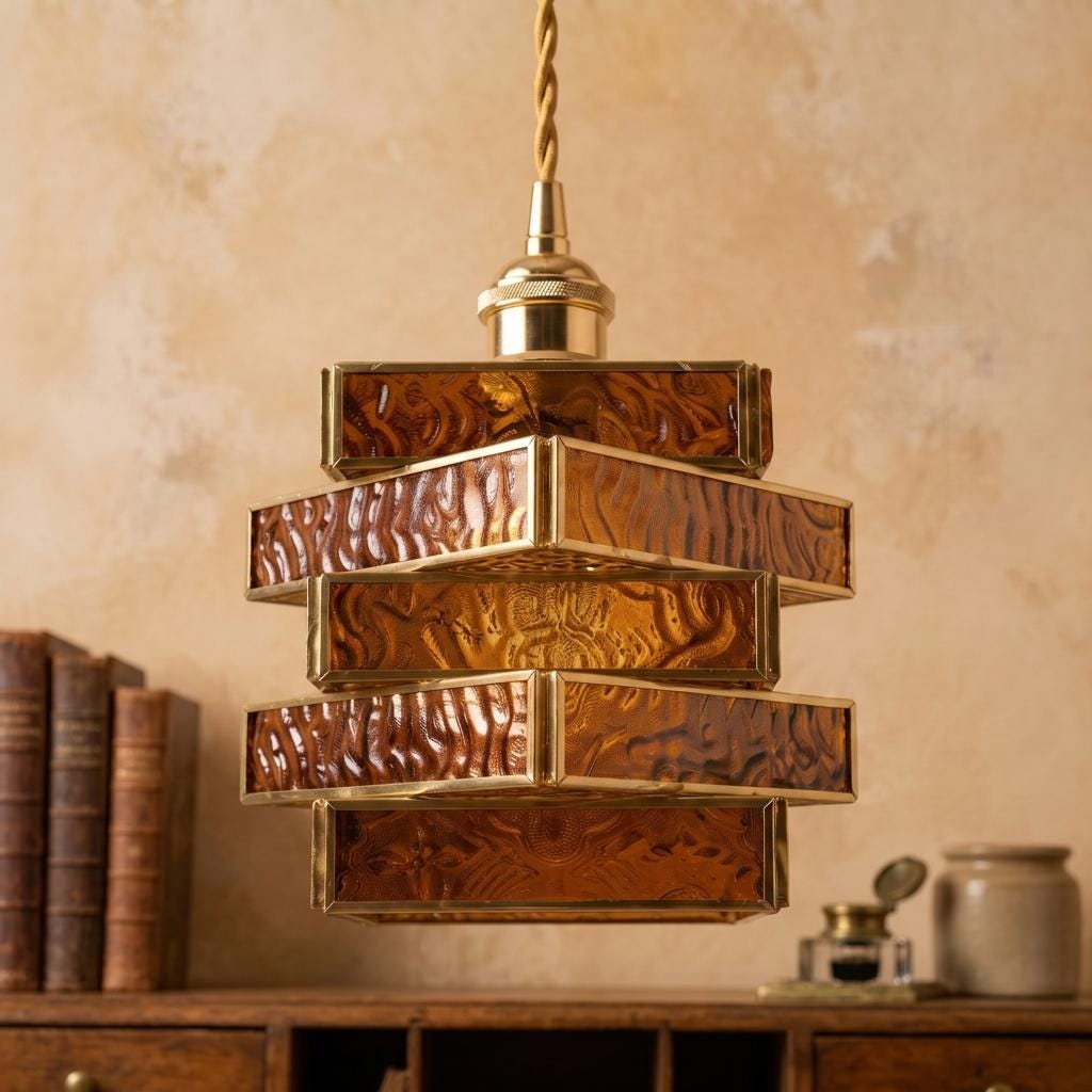 Amber Geometric Stained Glass Pendant Light, Vintage Gold Frame Hanging Lamp Fixture