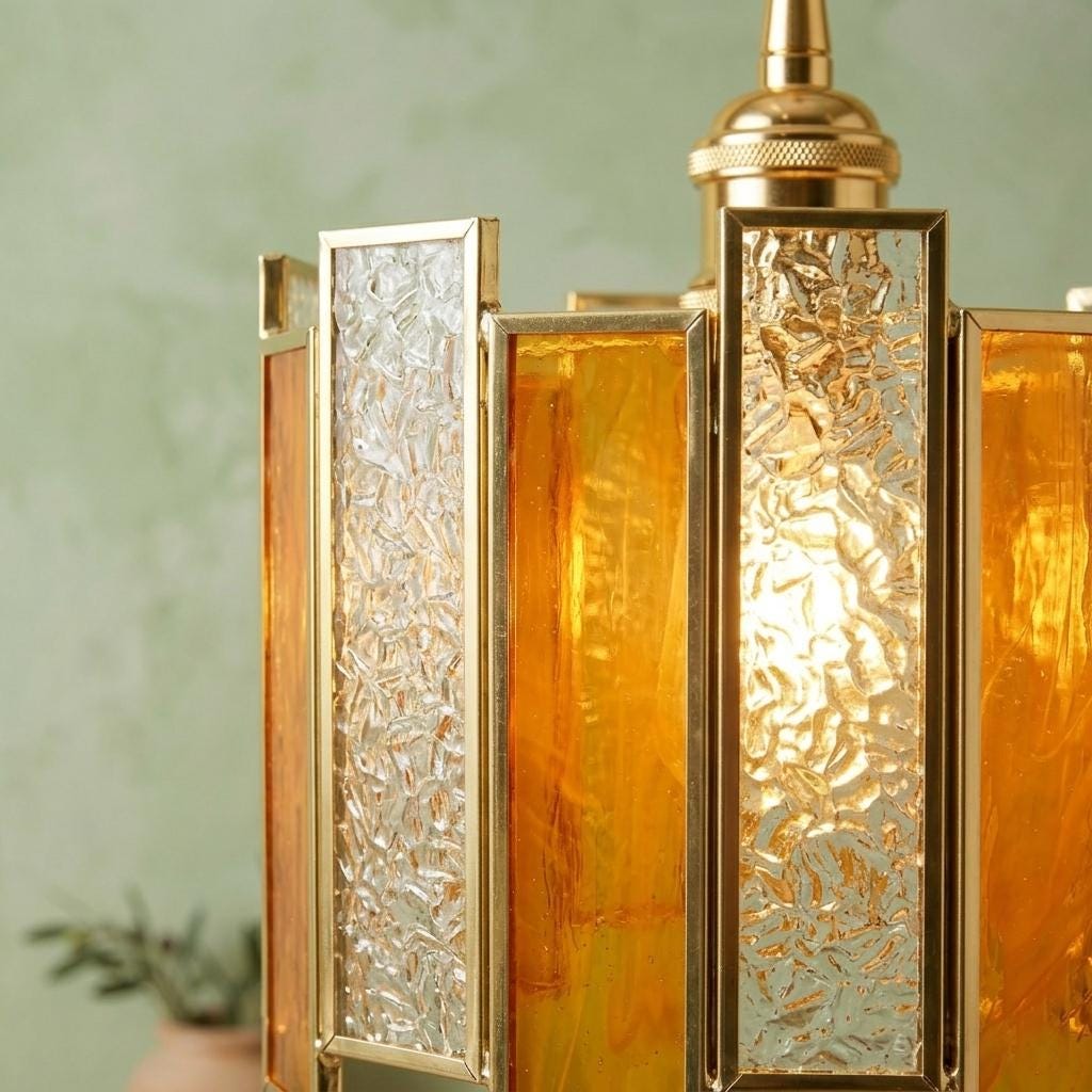 Handmade Amber Stained Glass Pendant Light, Art Deco Gold Hanging Lamp