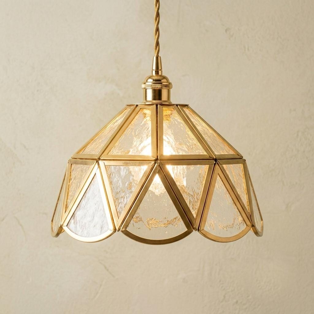 Textured Glass Pendant Light, Geometric Copper Tone Hanging Lamp, Scalloped Vintage Style