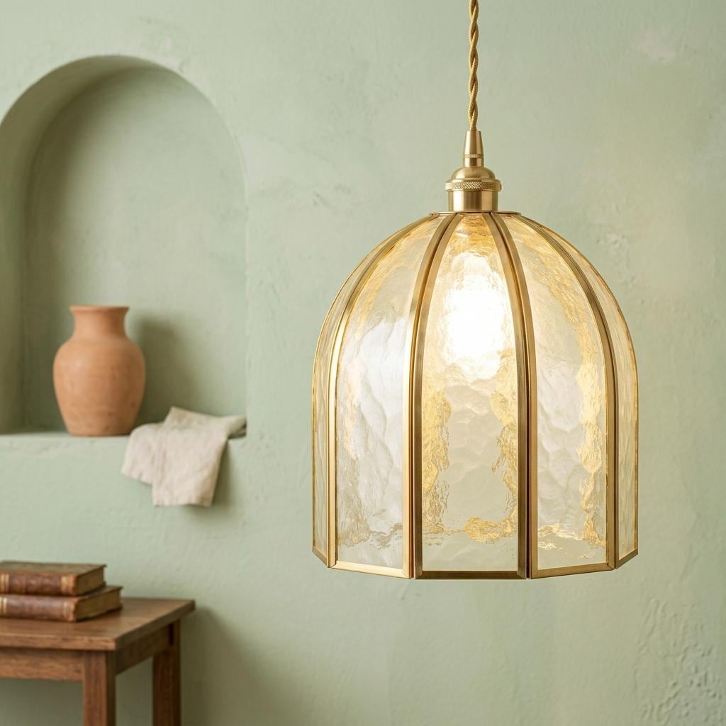 Handmade Dome Stained Glass Pendant Light, Art Deco Brass Kitchen Island Decor