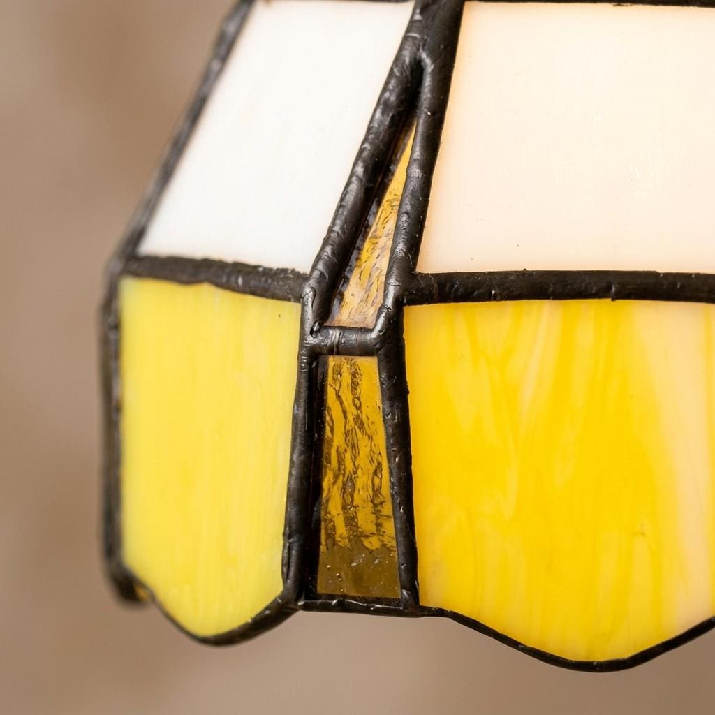 Yellow Stained Glass Pendant Light, Small Tiffany Style Hanging Lamp, White Scalloped Glass Ceiling Light, Vintage Cottage Decor
