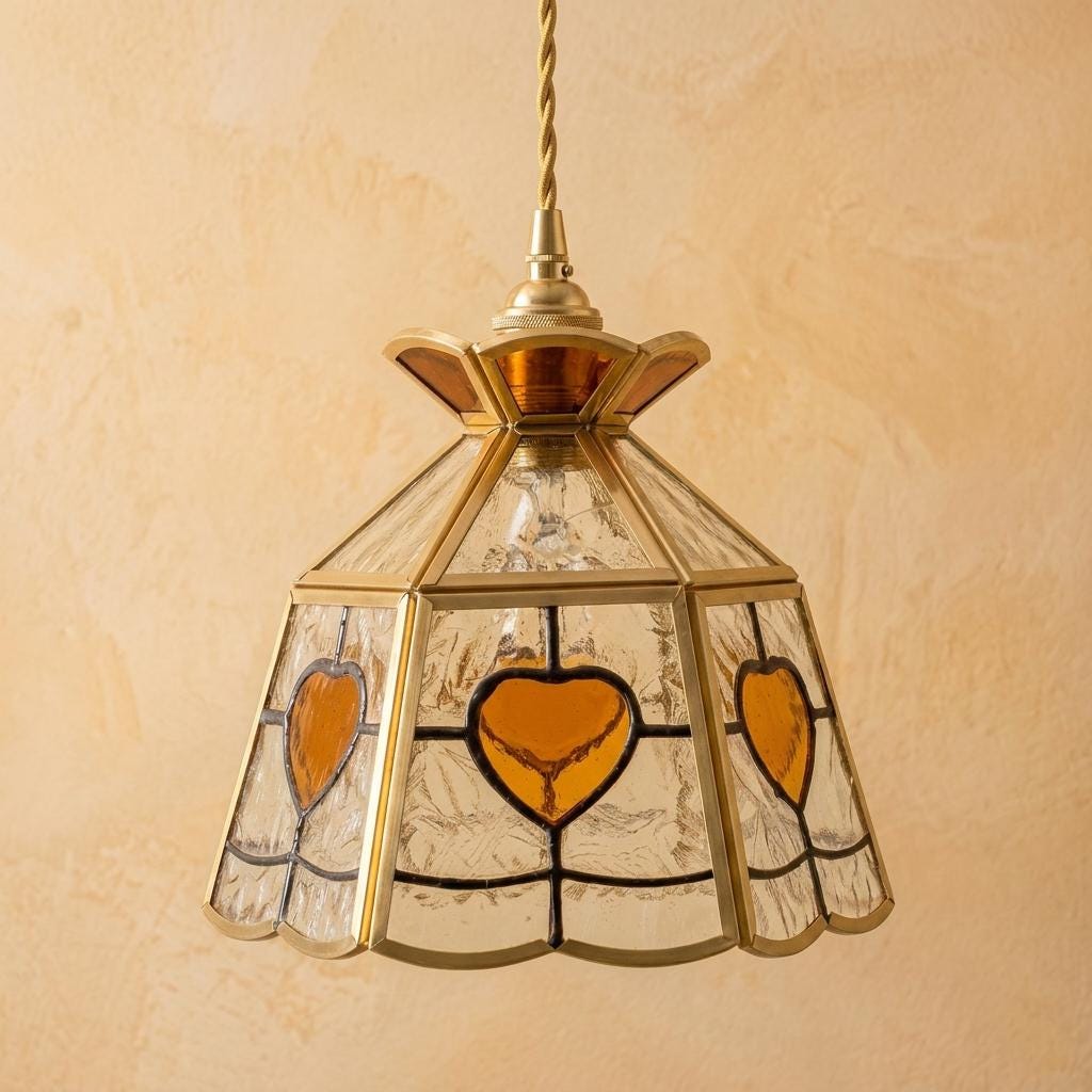 Amber Heart Stained Glass Lampshade, Tiffany Style Replacement Lamp Shade, Vintage Clear Textured Glass Shade, Romantic Cottage Decor