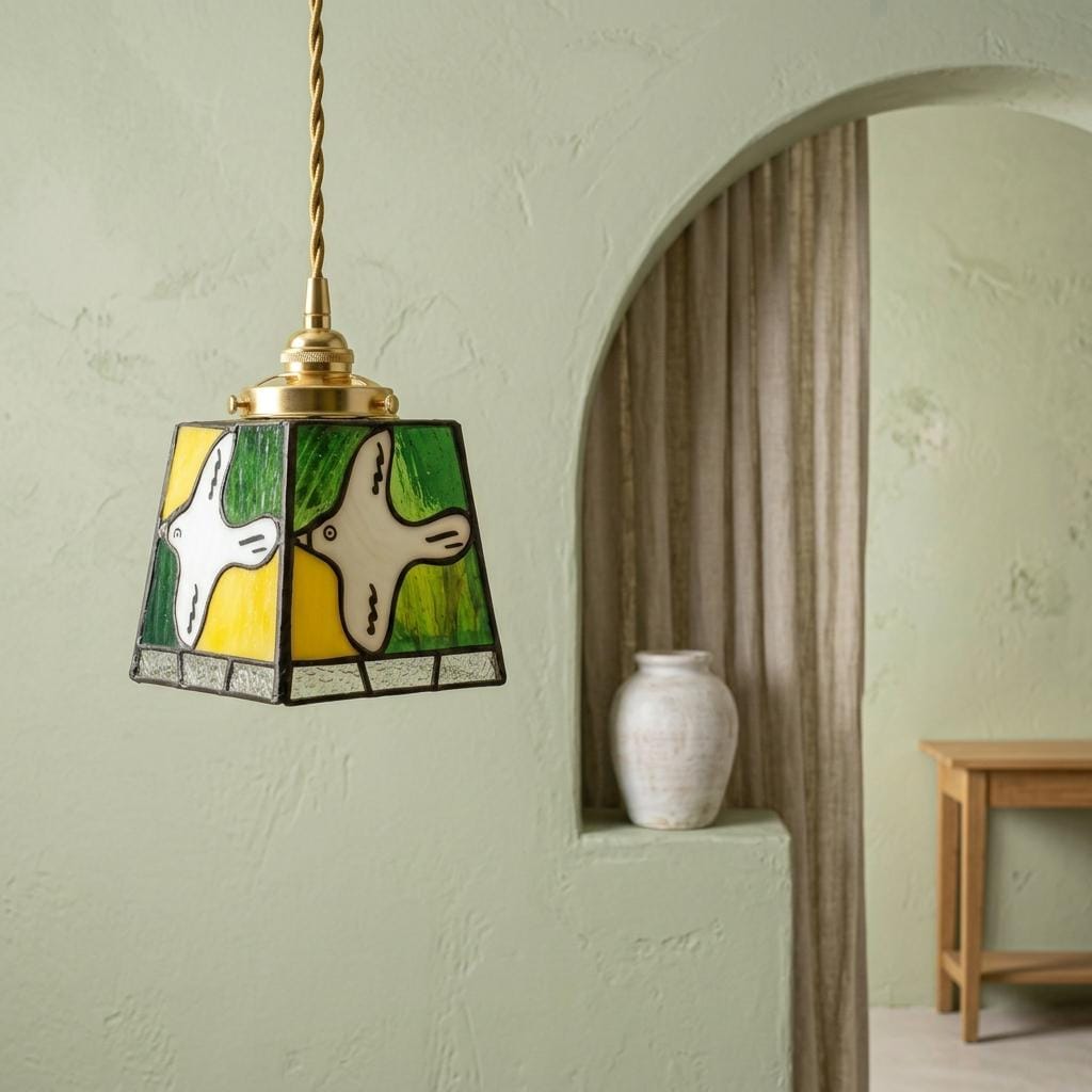 White Dove Stained Glass Pendant Light, Green Yellow Tiffany Style Hanging Lamp, Peace Bird Ceiling Light, Whimsical Home Decor